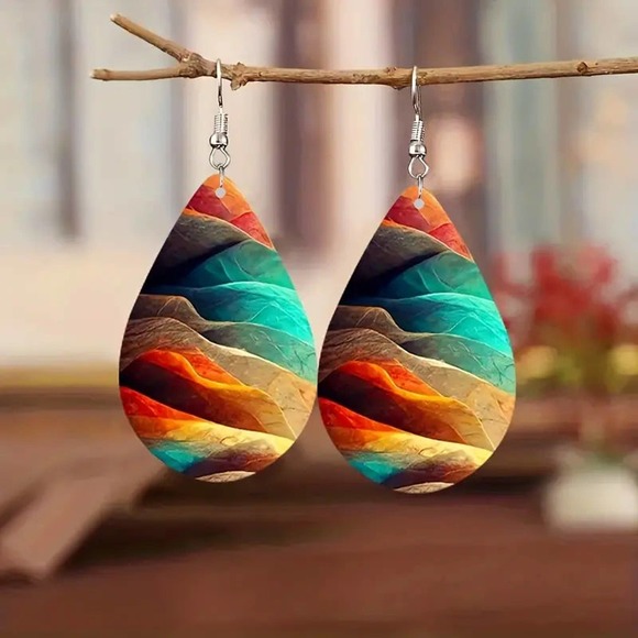 Colorful Wooden Water Print Teardrop Dangle Earrings Bohemian Style PU Leather - Picture 1 of 1